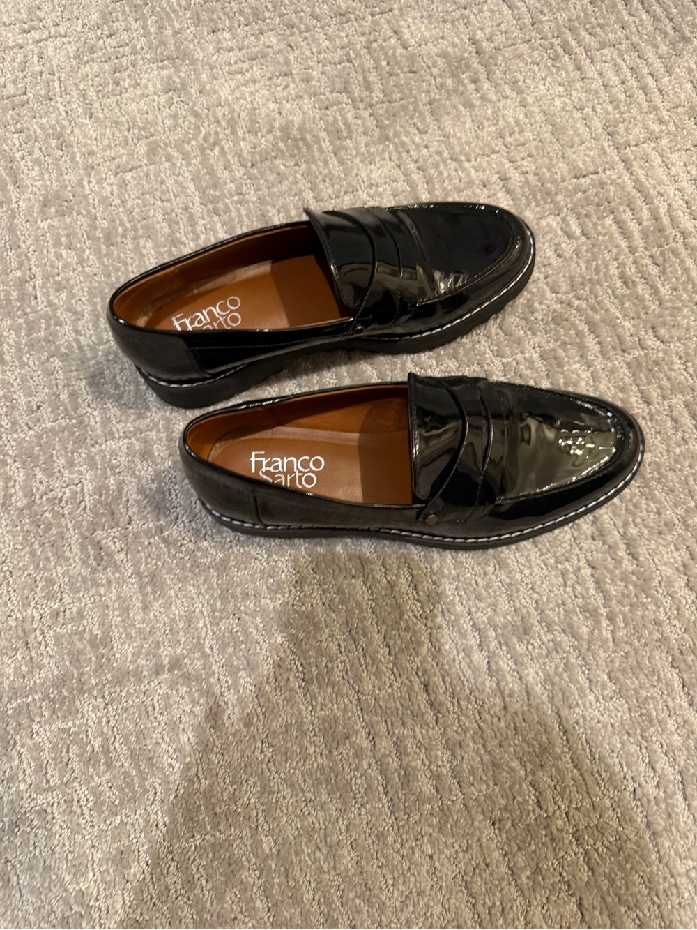 Franco Sarto Black Patent Loafers with Treaded Sole